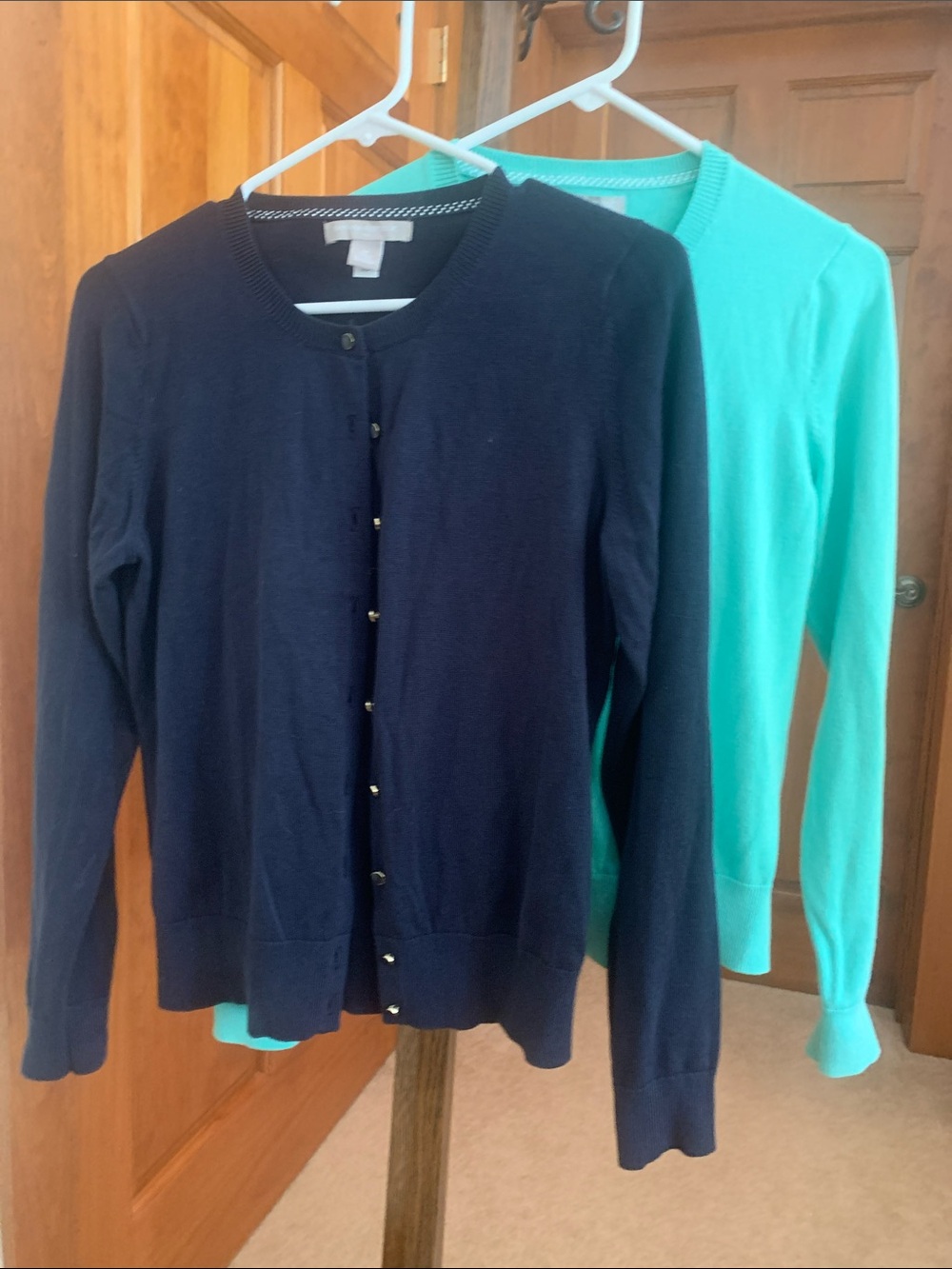 Lightweight Teal and navy Crewneck Cardigan Sweaters - Ladies - Picture 2 of 5